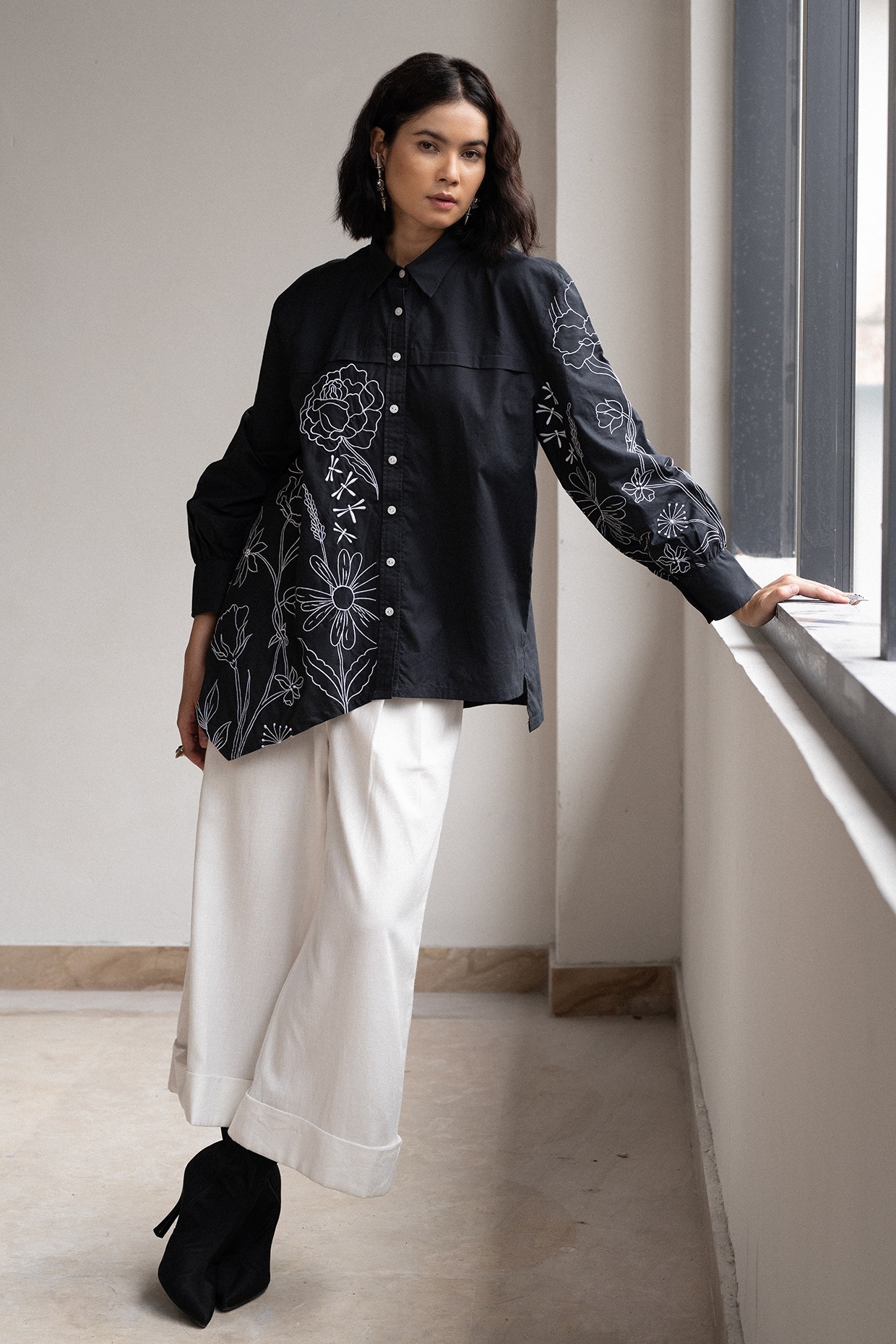 Black Cotton Floral Embroidered Asymmetrical Oversized Shirt by