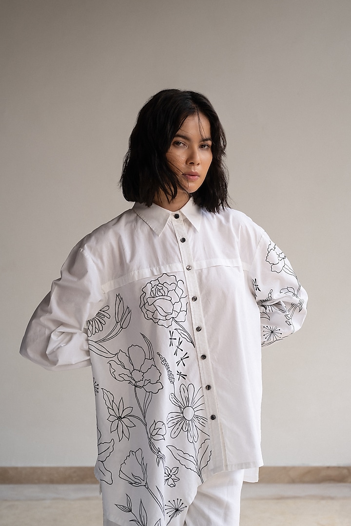 White Cotton Floral Embroidered Asymmetrical Oversized Shirt by ORIGANI at Pernia's Pop Up Shop