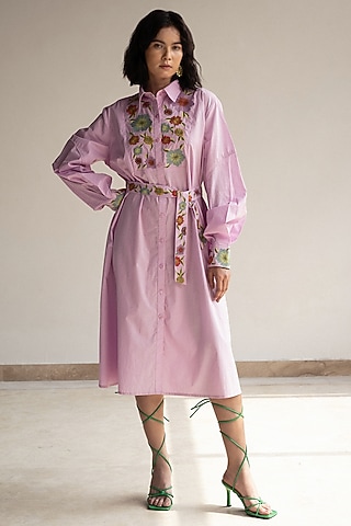 Lilac Cotton Floral Embroidered Knee-length Dress by ORIGANI