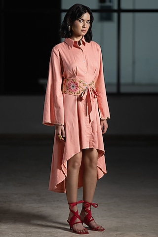Coral Cotton Linen High-Low Knee Length Dress by ORIGANI