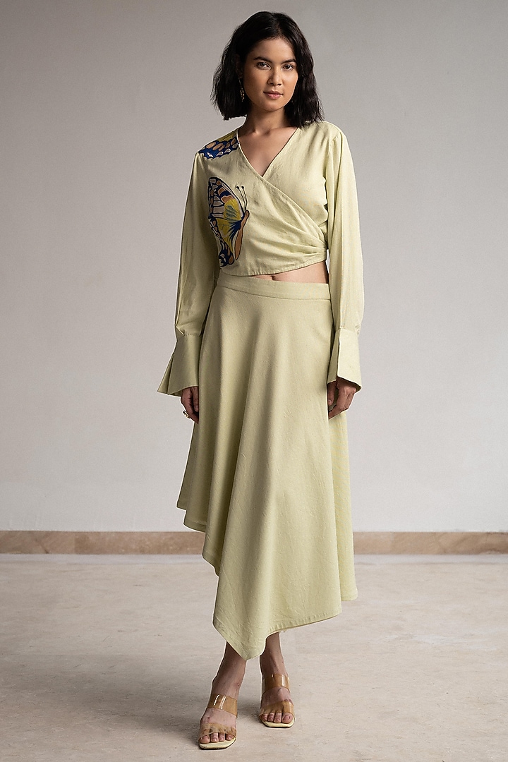 Mint Cotton Linen Butterfly Embroidered Wrap Around Blouse by ORIGANI at Pernia's Pop Up Shop