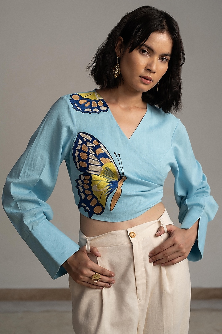 Blue Cotton Linen Butterfly Embroidered Wrap Around Blouse by ORIGANI