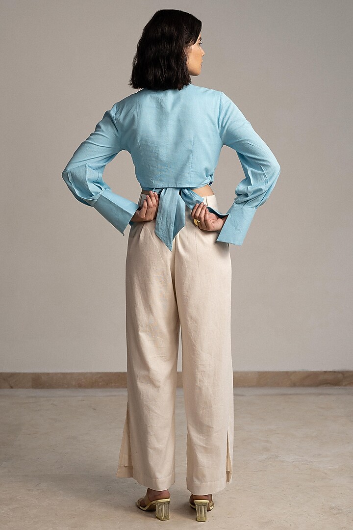 Blue Cotton Linen Butterfly Embroidered Wrap Around Blouse by ORIGANI at Pernia's Pop Up Shop