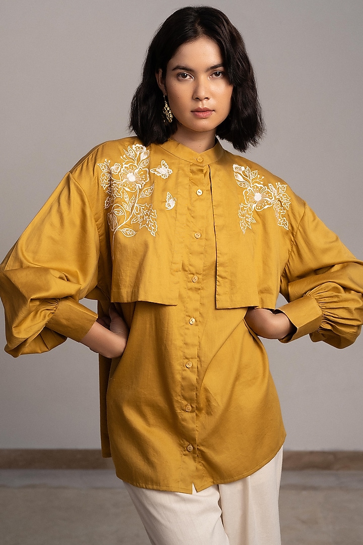 Mustard Cotton Satin Embroidered Oversized Layered Shirt by ORIGANI