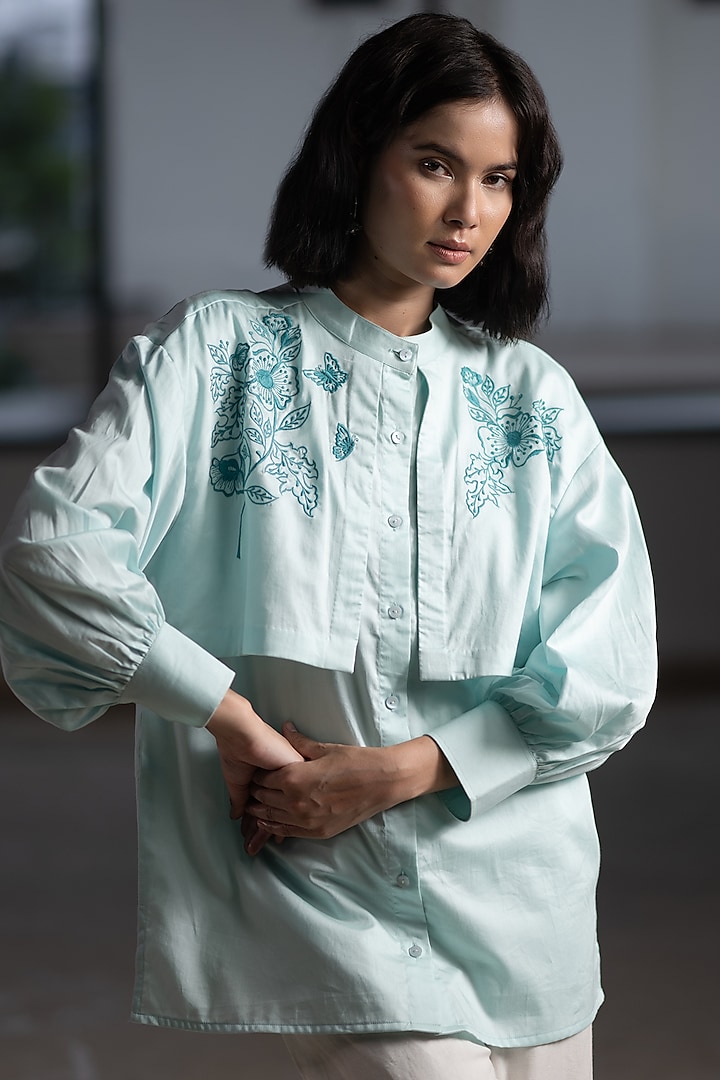 Powder Blue Cotton Satin Embroidered Oversized Layered Shirt by ORIGANI