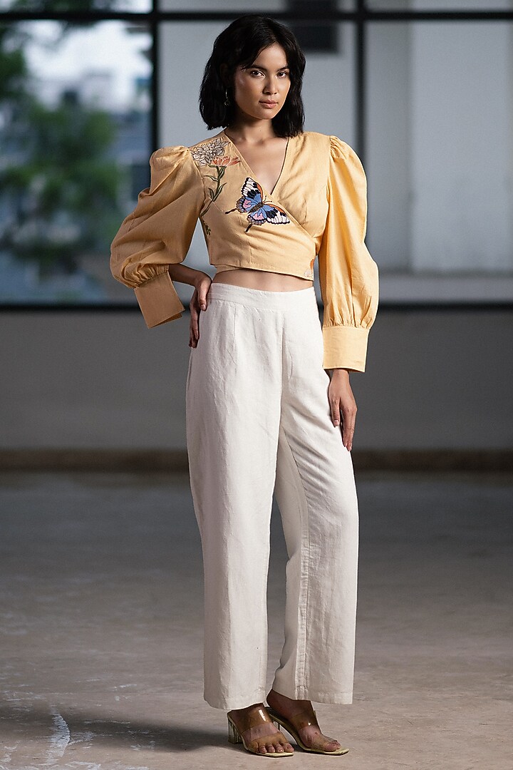 Beige Cotton Linen Embroidered Wrap Around Blouse by ORIGANI at Pernia's Pop Up Shop