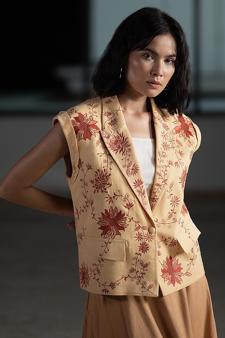 Beige Cotton Linen Embroidered Jacket by ORIGANI