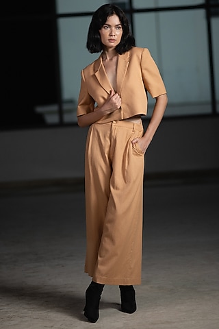 Brown Cotton Linen Blazer Set by ORIGANI