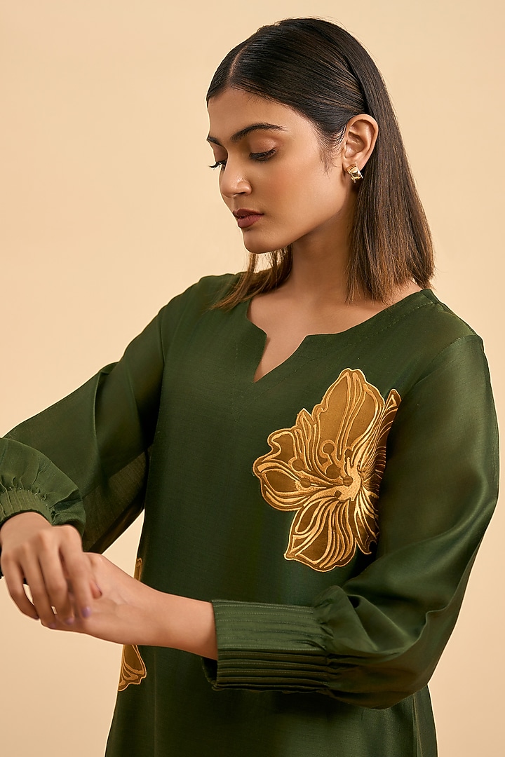 Olive Green & Gold Chanderi Silk Floral Applique Embroidered Kurta Set by ORIGANI at Pernia's Pop Up Shop