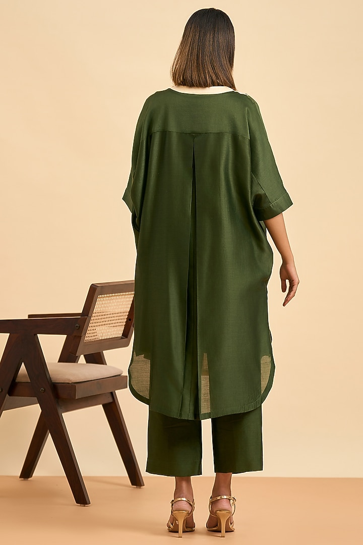 Olive Green & Ivory Chanderi Silk Embroidered Kurta Set by ORIGANI at Pernia's Pop Up Shop