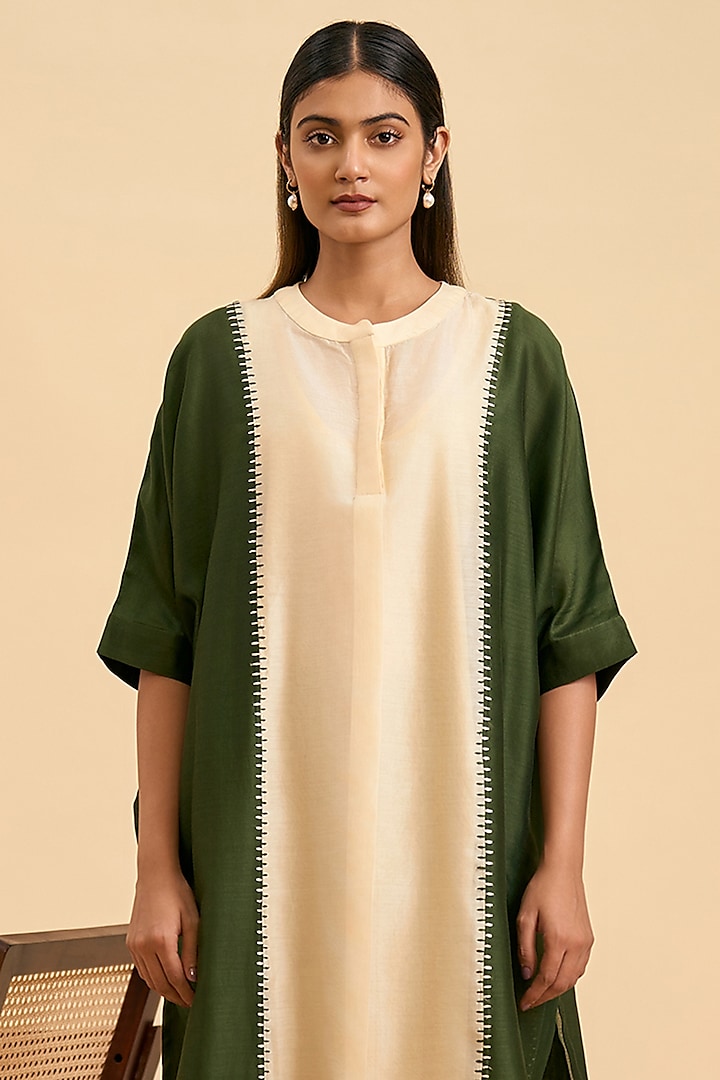 Olive Green & Ivory Chanderi Silk Embroidered Kurta Set by ORIGANI at Pernia's Pop Up Shop