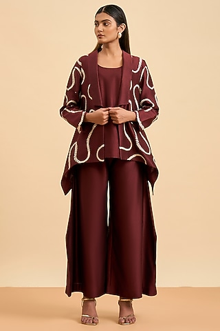 Maroon Chanderi Silk Thread Embroidered Jacket Set by ORIGANI