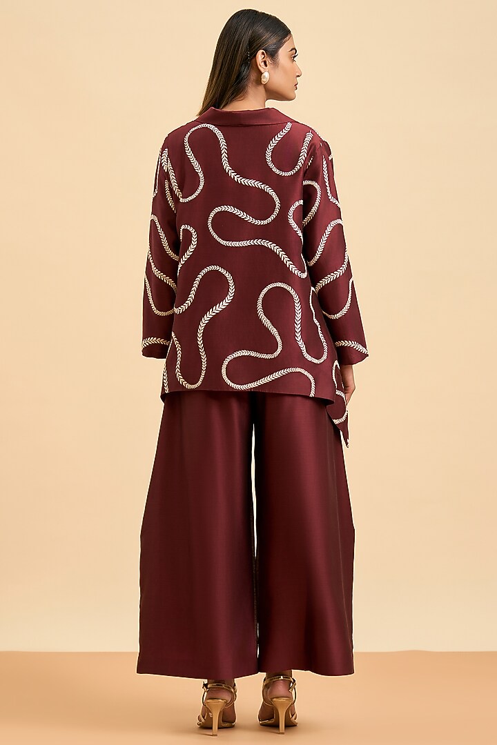 Maroon Chanderi Silk Thread Embroidered Jacket Set by ORIGANI at Pernia's Pop Up Shop