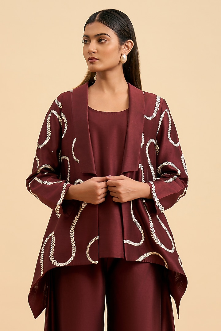 Maroon Chanderi Silk Thread Embroidered Jacket Set by ORIGANI at Pernia's Pop Up Shop