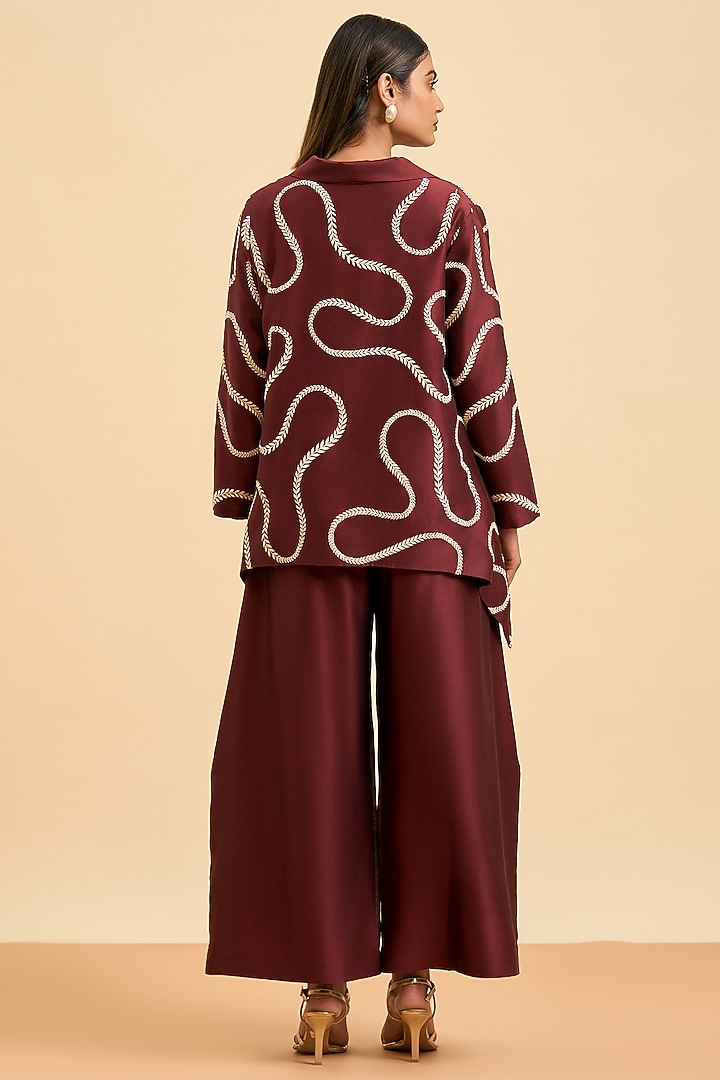 Maroon Chanderi Silk Thread Embroidered Jacket by ORIGANI at Pernia's Pop Up Shop