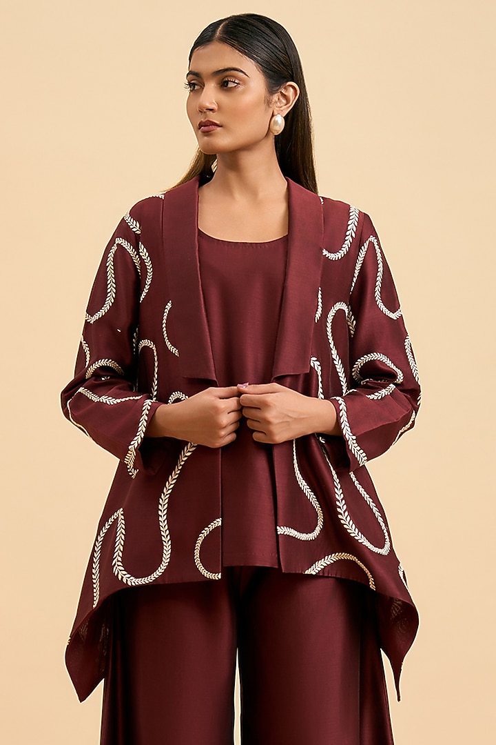 Maroon Chanderi Silk Thread Embroidered Jacket by ORIGANI at Pernia's Pop Up Shop