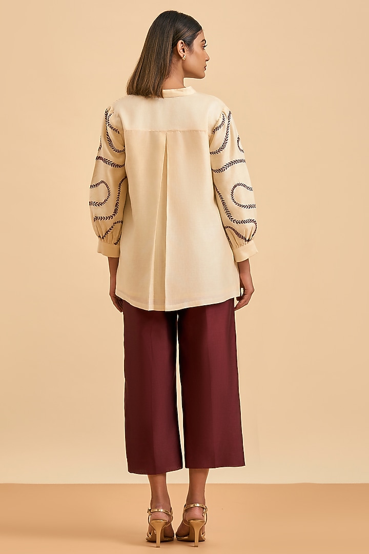 Ivory & Maroon Chanderi Silk Thread Embroidered Co-Ord Set by ORIGANI at Pernia's Pop Up Shop