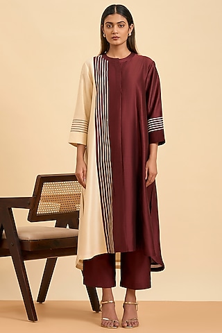 Maroon & Ivory Chanderi Silk Embroidered Kurta Set by ORIGANI