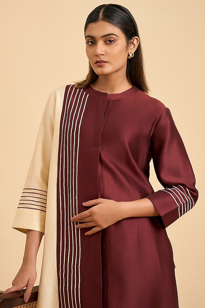 Maroon & Ivory Chanderi Silk Embroidered Kurta Set by ORIGANI at Pernia's Pop Up Shop