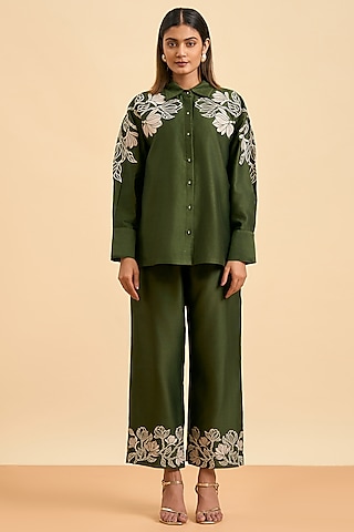 Olive Green Chanderi Silk Applique Work Co-Ord Set by ORIGANI