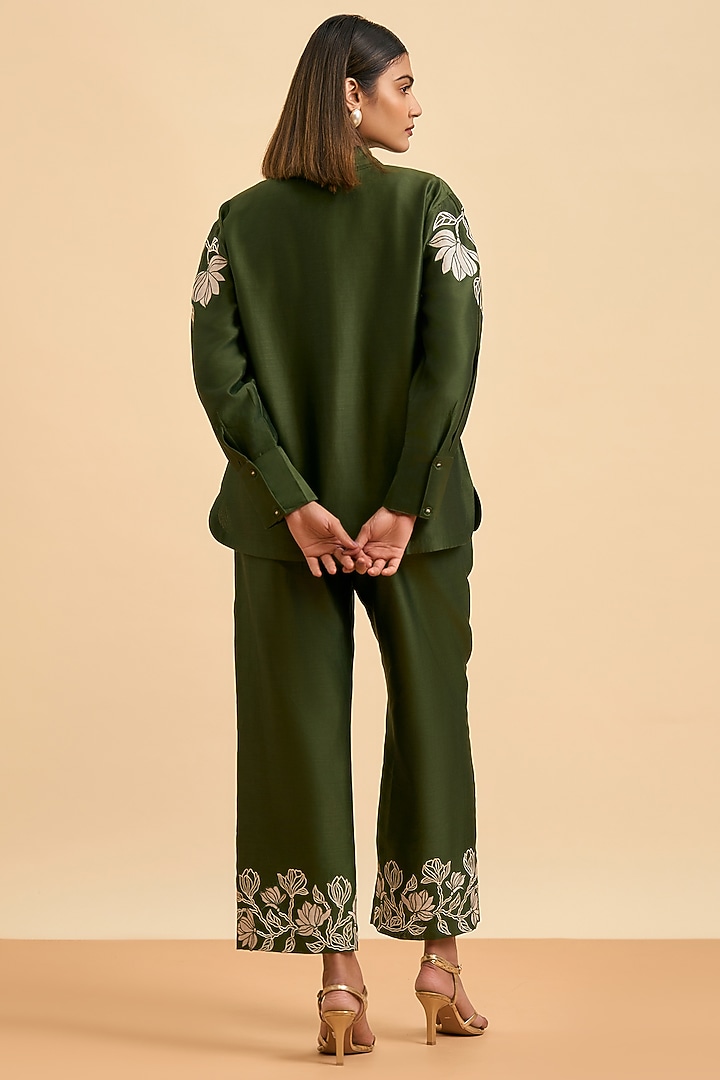 Olive Green Chanderi Silk Applique Work Co-Ord Set by ORIGANI at Pernia's Pop Up Shop