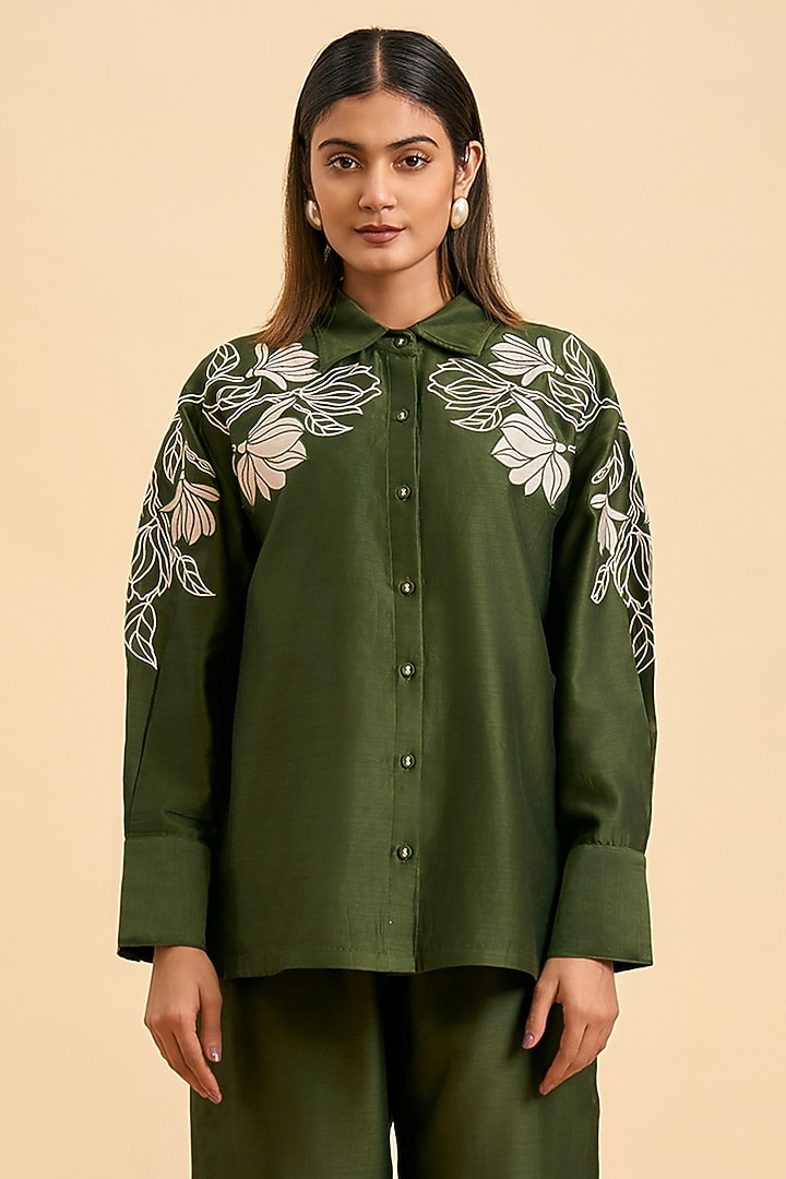 Olive Green Chanderi Silk Applique Work Co-Ord Set by ORIGANI at Pernia's Pop Up Shop