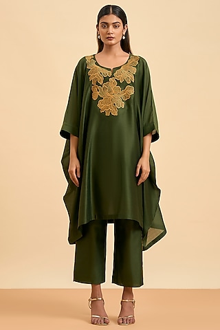 Olive Green Chanderi Silk Thread Embroidered Kaftan Set by ORIGANI