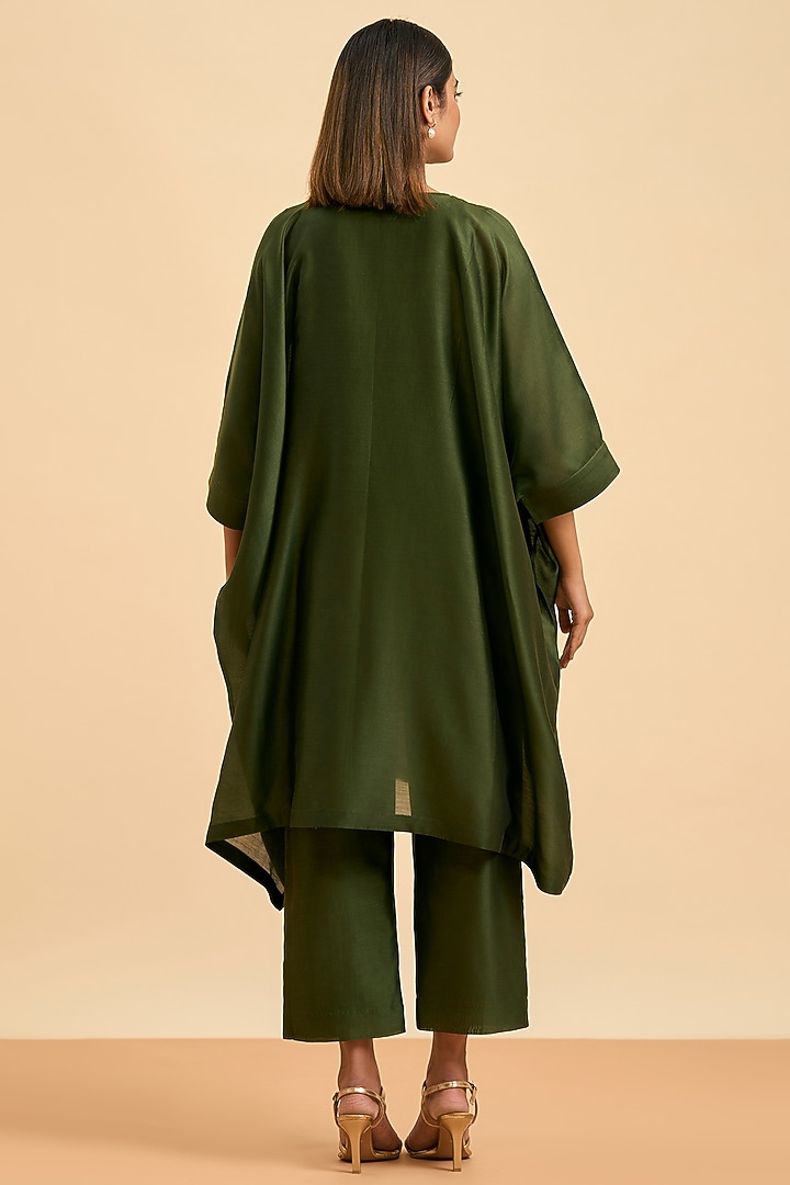 Olive Green Chanderi Silk Thread Embroidered Kaftan Set by ORIGANI at Pernia's Pop Up Shop