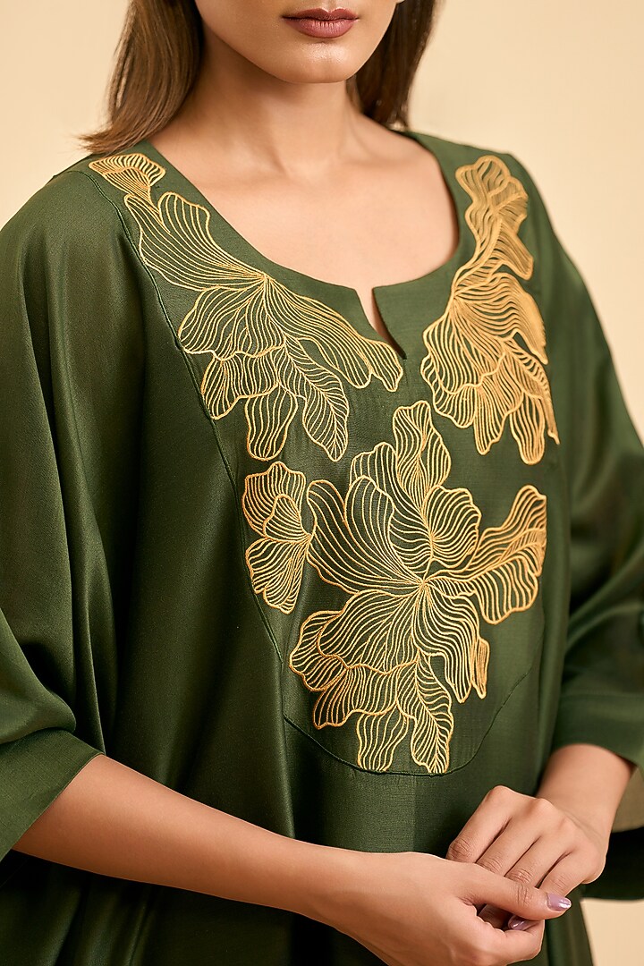 Olive Green Chanderi Silk Thread Embroidered Kaftan Set by ORIGANI at Pernia's Pop Up Shop