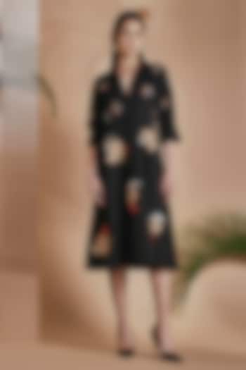 Black Cotton Satin Thread Embroidered A-line Summer Dress by ORIGANI at Pernia's Pop Up Shop