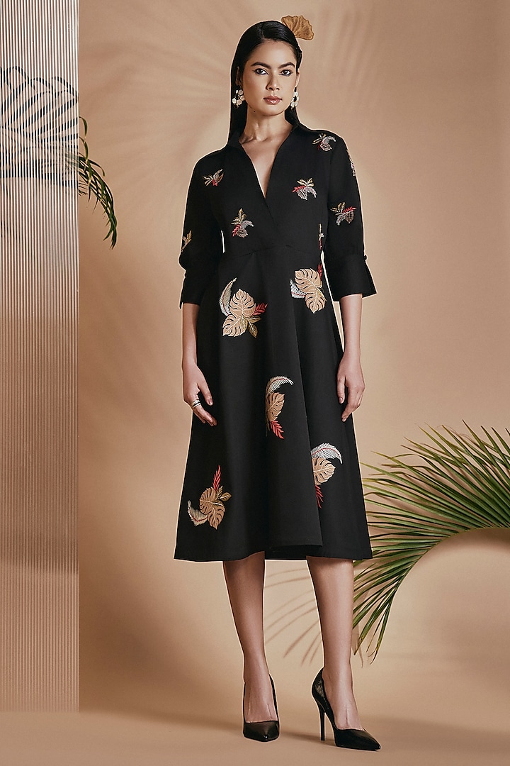 Black Cotton Satin Thread Embroidered A-line Summer Dress by ORIGANI at Pernia's Pop Up Shop