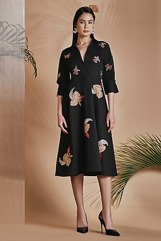 Black Cotton Satin Thread Embroidered A-line Dress by ORIGANI