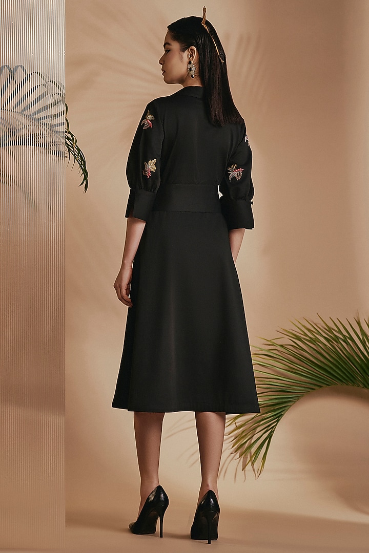 Black Cotton Satin Thread Embroidered A-line Summer Dress by ORIGANI at Pernia's Pop Up Shop