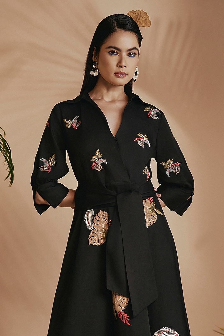 Black Cotton Satin Thread Embroidered A-line Summer Dress by ORIGANI at Pernia's Pop Up Shop