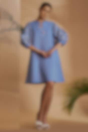 Blue Linen Blend Embroidered Tunic Summer Dress by ORIGANI at Pernia's Pop Up Shop