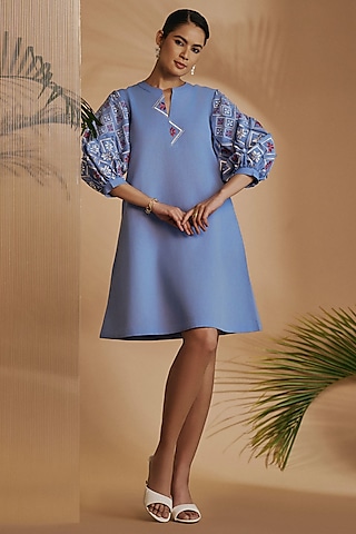 Blue Linen Blend Embroidered Tunic Dress by ORIGANI