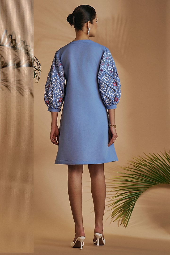 Blue Linen Blend Embroidered Tunic Summer Dress by ORIGANI at Pernia's Pop Up Shop
