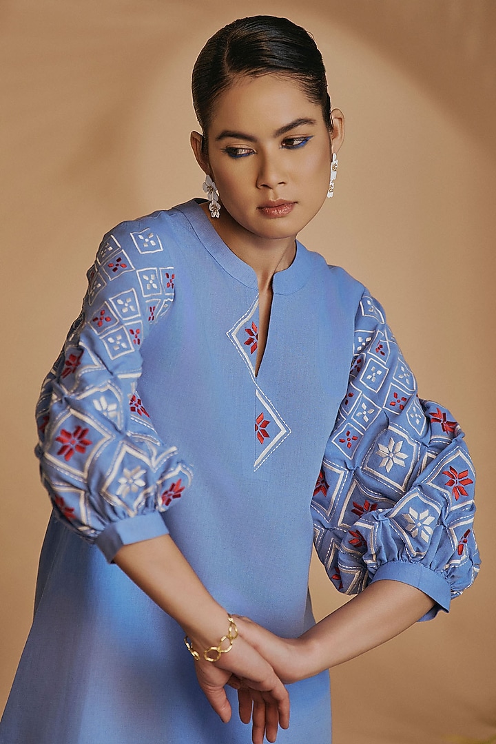 Blue Linen Blend Embroidered Tunic Summer Dress by ORIGANI at Pernia's Pop Up Shop