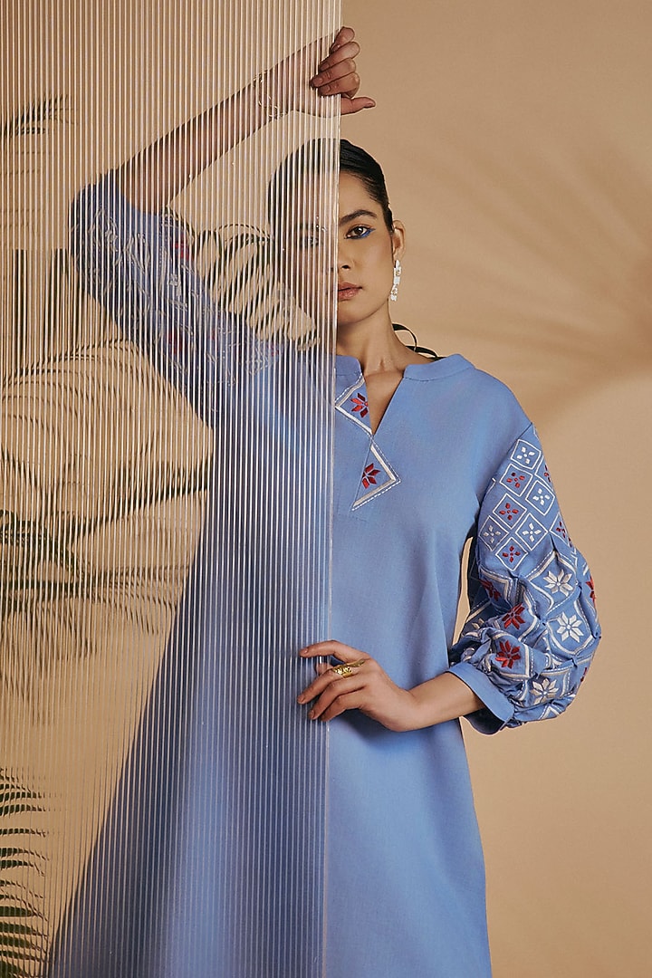 Blue Linen Blend Embroidered Tunic Summer Dress by ORIGANI at Pernia's Pop Up Shop