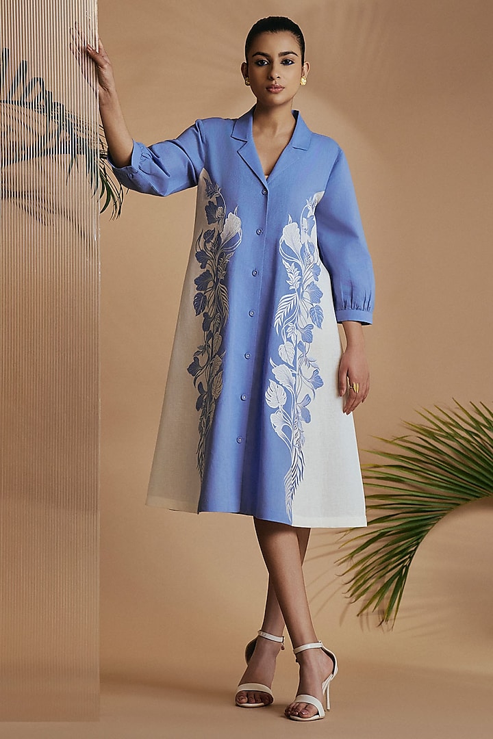 Blue & Ivory Linen Blend Embroidered Midi Summer Dress by ORIGANI at Pernia's Pop Up Shop