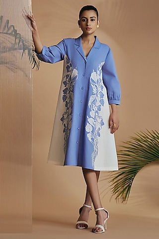 Blue & Ivory Linen Blend Embroidered Midi Dress by ORIGANI