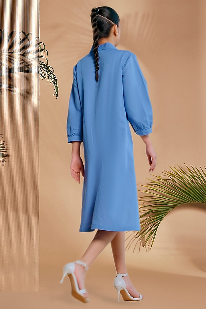 Blue & Ivory Linen Blend Embroidered Midi Summer Dress by ORIGANI at Pernia's Pop Up Shop