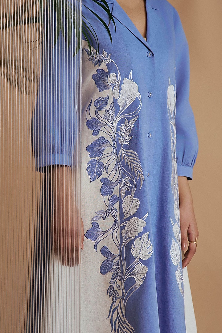Blue & Ivory Linen Blend Embroidered Midi Summer Dress by ORIGANI at Pernia's Pop Up Shop