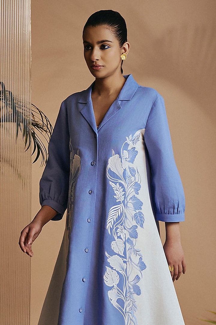 Blue & Ivory Linen Blend Embroidered Midi Summer Dress by ORIGANI at Pernia's Pop Up Shop