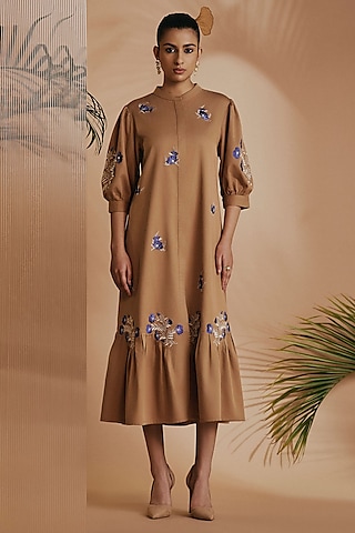 Brown Cotton Satin Embroidered Midi Dress by ORIGANI
