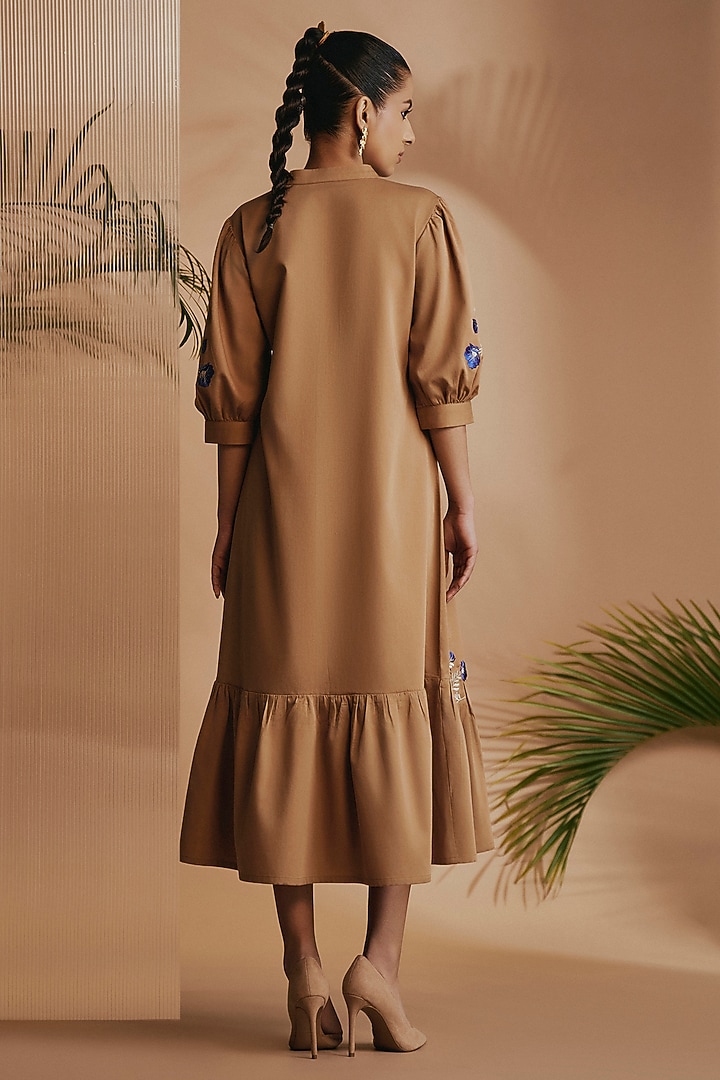 Brown Cotton Satin Embroidered Midi Summer Dress by ORIGANI at Pernia's Pop Up Shop