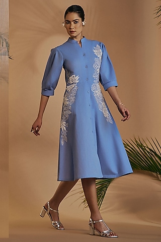 Blue Linen Blend Embroidered Midi Dress by ORIGANI