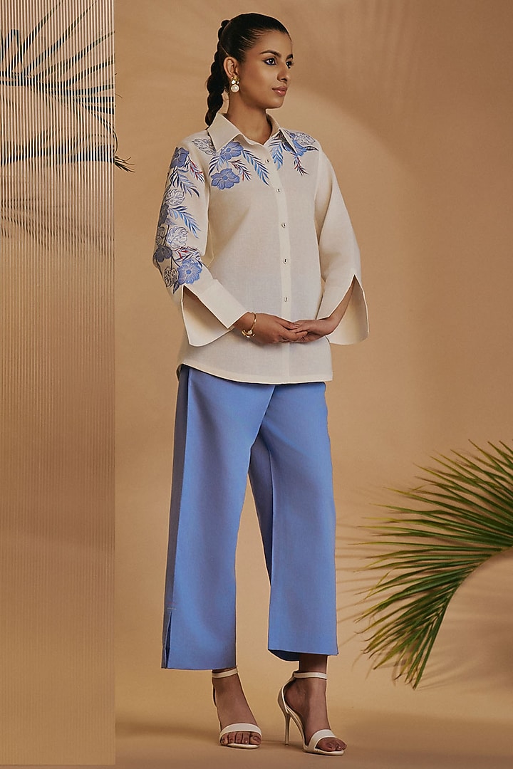 Blue & Ivory Linen Blend Embroidered Co-Ord Set by ORIGANI at Pernia's Pop Up Shop