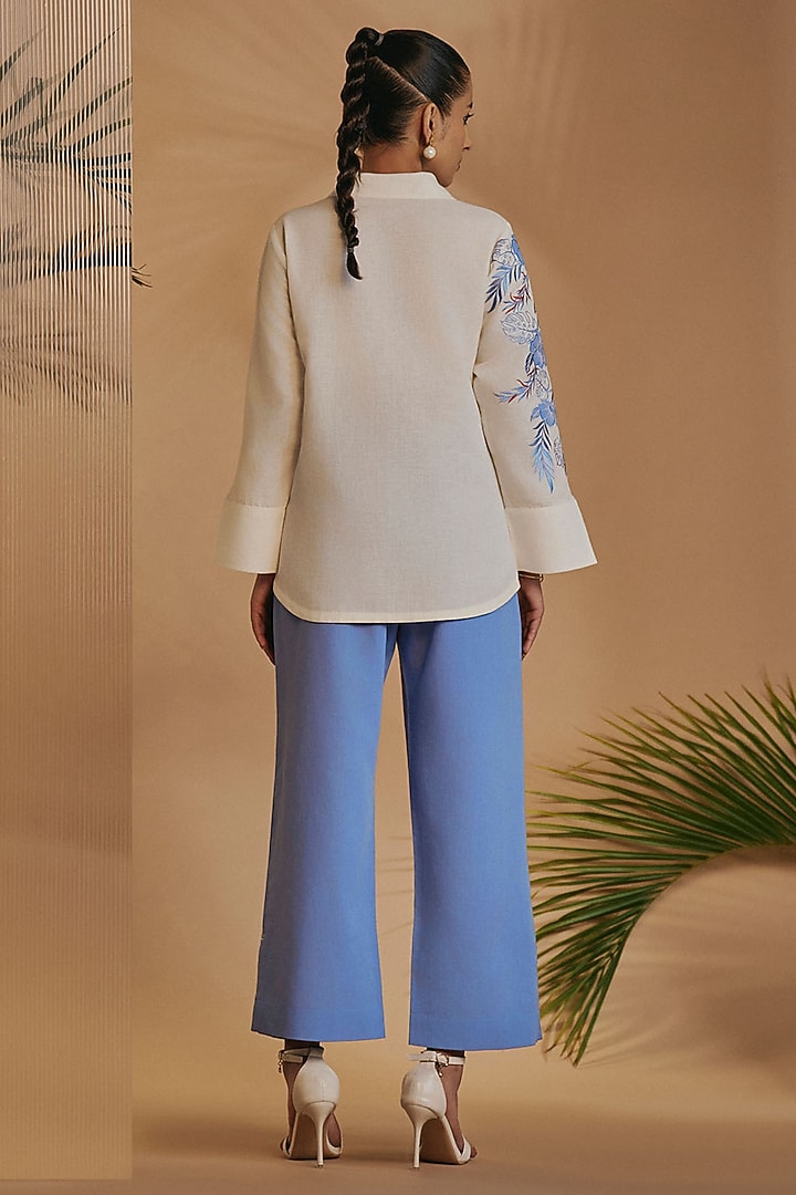Blue & Ivory Linen Blend Embroidered Co-Ord Set by ORIGANI at Pernia's Pop Up Shop