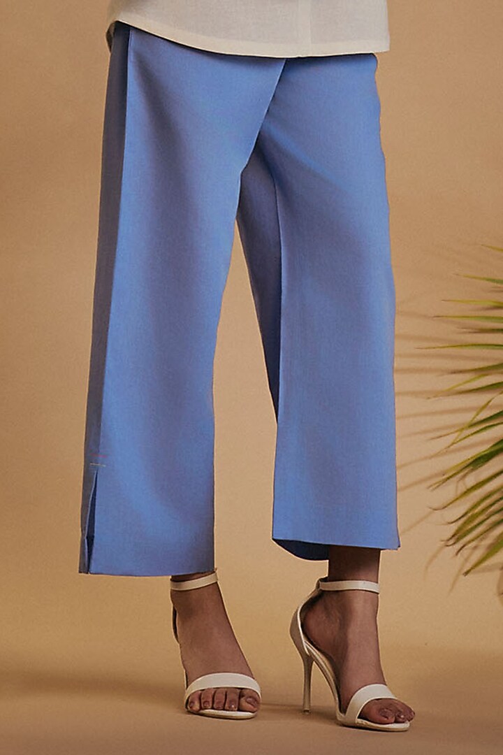Blue & Ivory Linen Blend Embroidered Co-Ord Set by ORIGANI at Pernia's Pop Up Shop